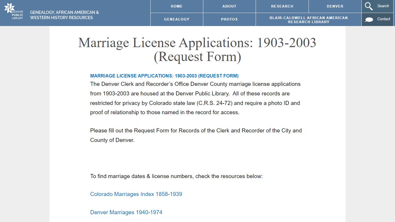 Marriage License Applications: 1903-2003 (Request Form) | Denver Public ...